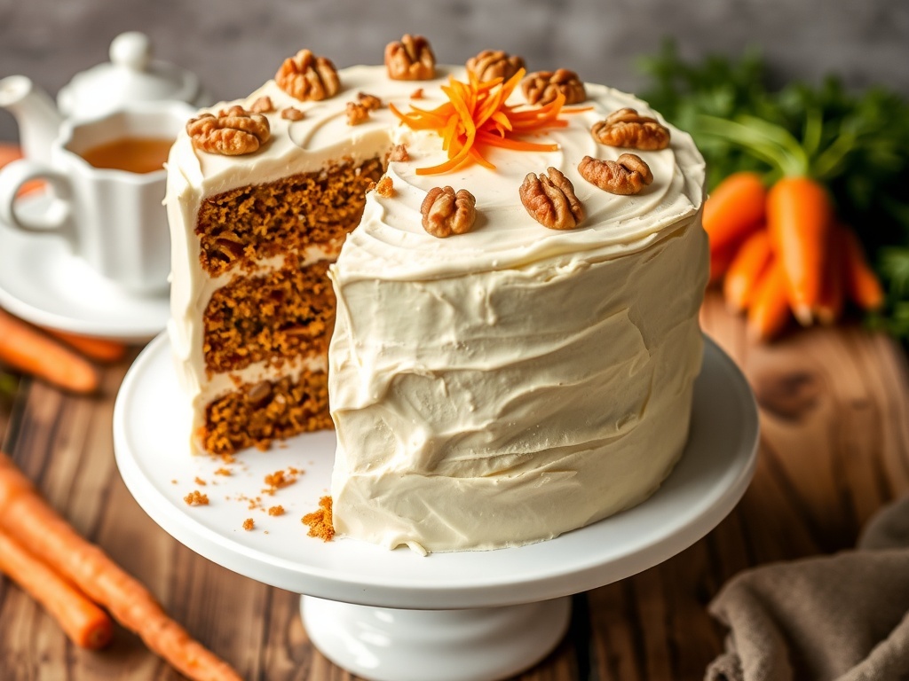 A moist carrot cake with cream cheese frosting, topped with walnuts and carrot shavings, on a rustic wooden table.